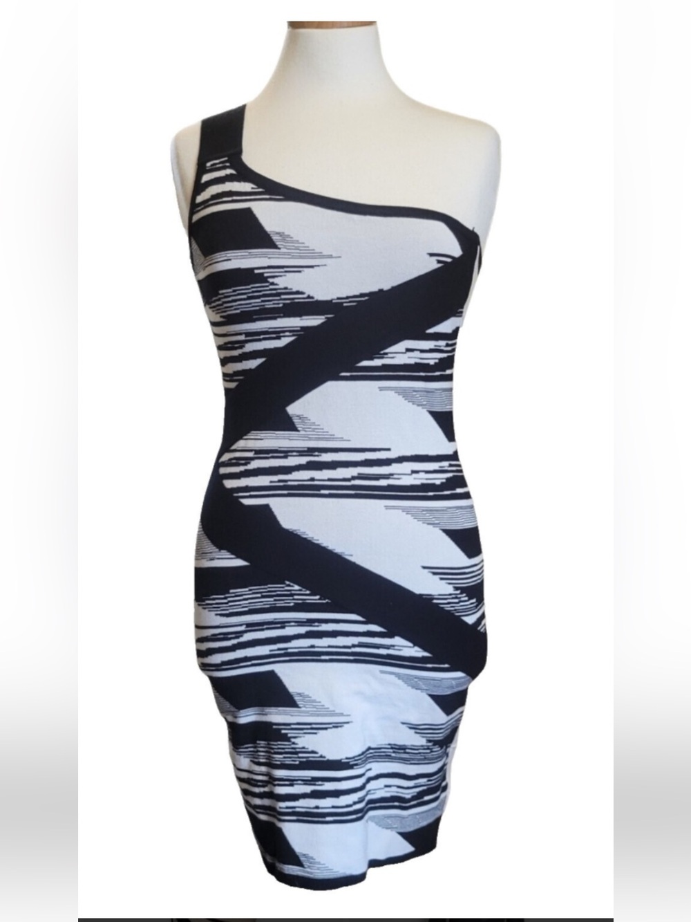 WOW Culture Women’s Black & White One-Shoulder Abstract Bodycon Dress,NWT Large